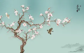 新中式装饰画电视墙电视墙壁花鸟