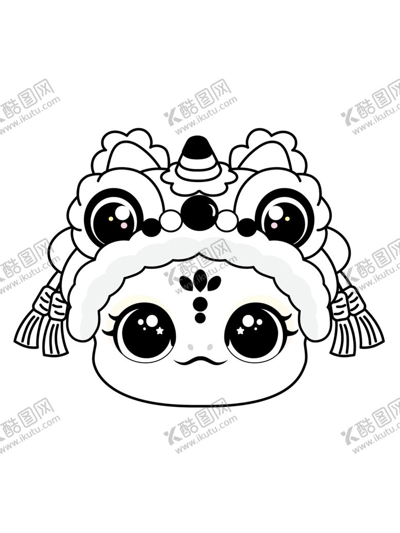 编号：82399105031223322004【酷图网】源文件下载-快乐蛇舞狮头线稿卡通插画