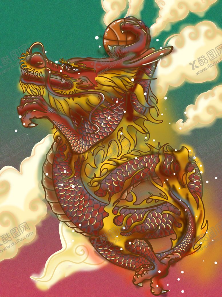 编号：43451506252319353046【酷图网】源文件下载-中国风打篮的龙插画
