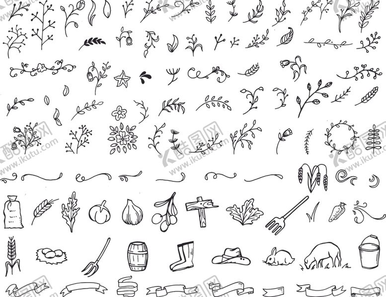 编号：75612406281810512812【酷图网】源文件下载-白描农场动植物线稿
