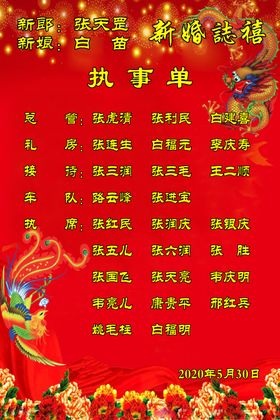 婚礼婚庆结婚执事单榜单