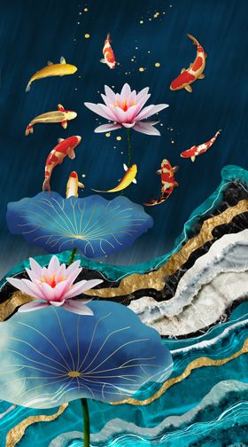 荷花九鱼图电视背景墙