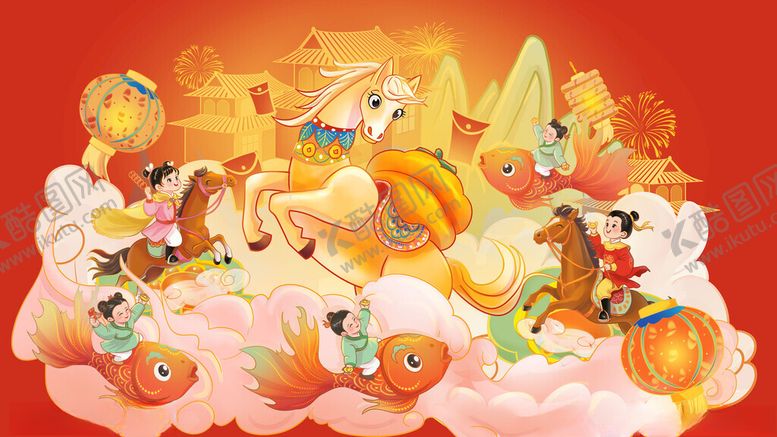 编号：44276911211150117021【酷图网】源文件下载-马年春节国潮风儿童人物节日插画
