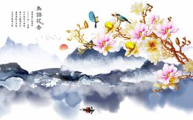 鸟语花香山水装饰画