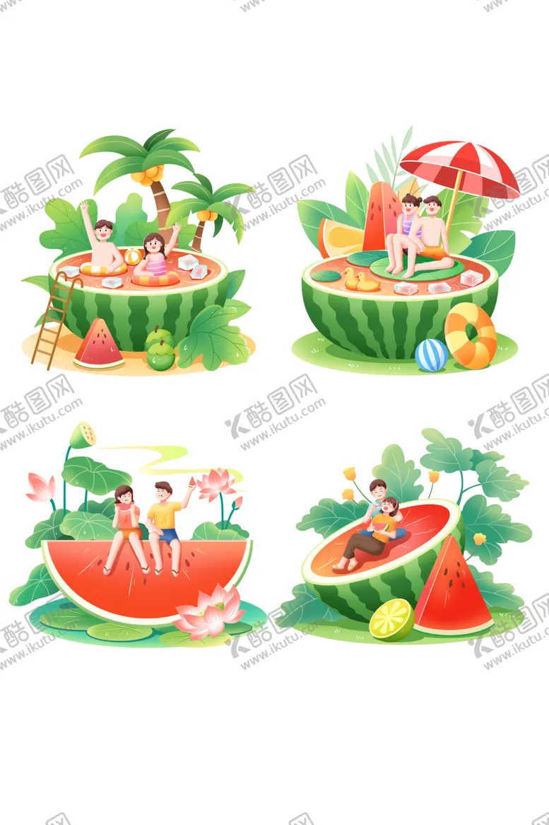 编号：68110606291951264385【酷图网】源文件下载-夏日西瓜主题度假插画