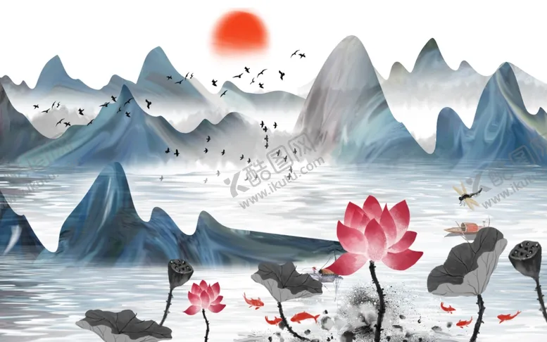 编号：41704505130038152631【酷图网】源文件下载-中国风荷花山水装饰画