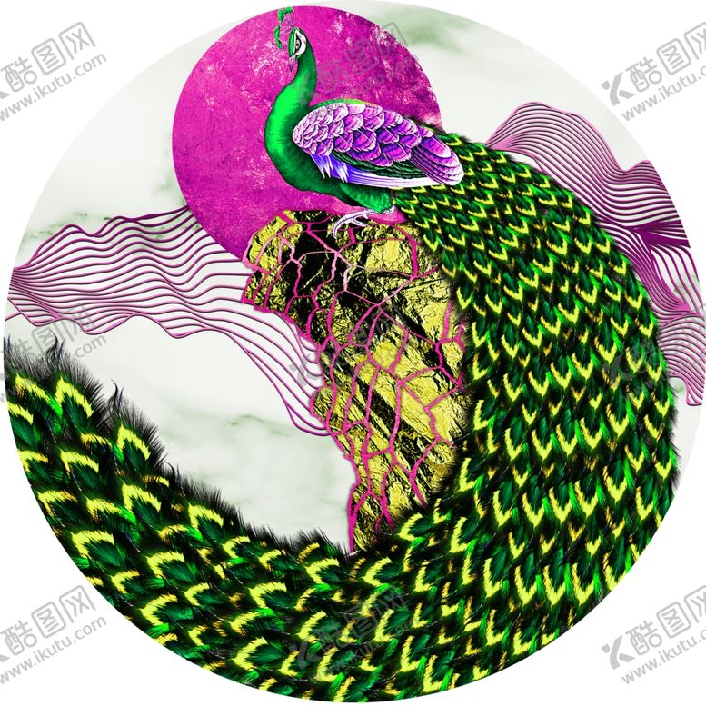 编号：28196011300254231703【酷图网】源文件下载-水彩孔雀中式圆形挂画装饰画