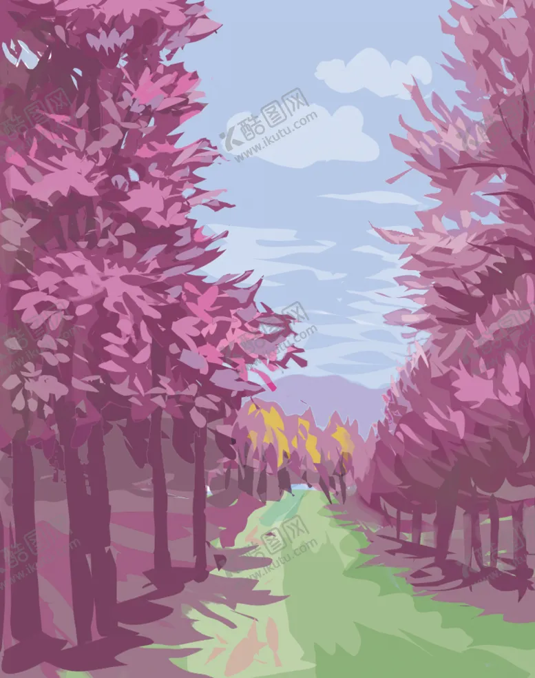 编号：16331804061547527269【酷图网】源文件下载-梦幻粉色树林中的绿色小径