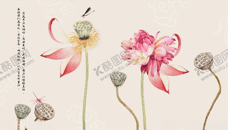 编号：79858704172114303862【酷图网】源文件下载-蜻蜓荷花莲蓬背景墙