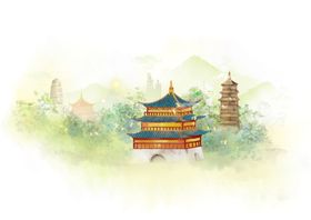 建筑古风插画卡通背景海报素材