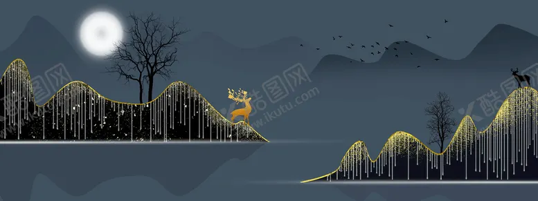 编号：89570610062103354536【酷图网】源文件下载-水墨麋鹿山水装饰画
