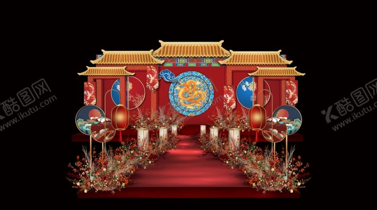 编号：80773810012133439314【酷图网】源文件下载-户外中式国潮风婚礼主舞台效果图