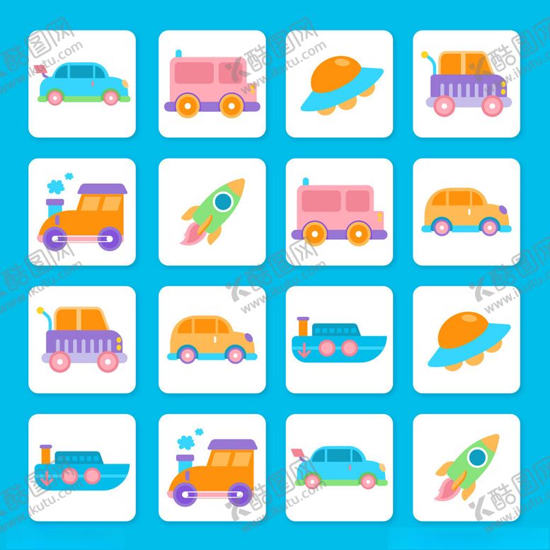 编号：43658804030522193954【酷图网】源文件下载-多彩卡通交通工具图标集
