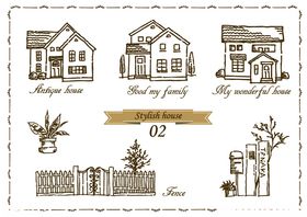手绘风格房屋及庭院元素