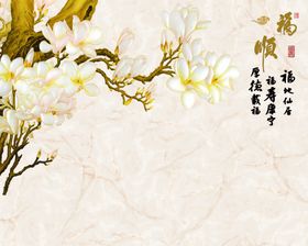 手绘玉兰花鸟中式背景墙