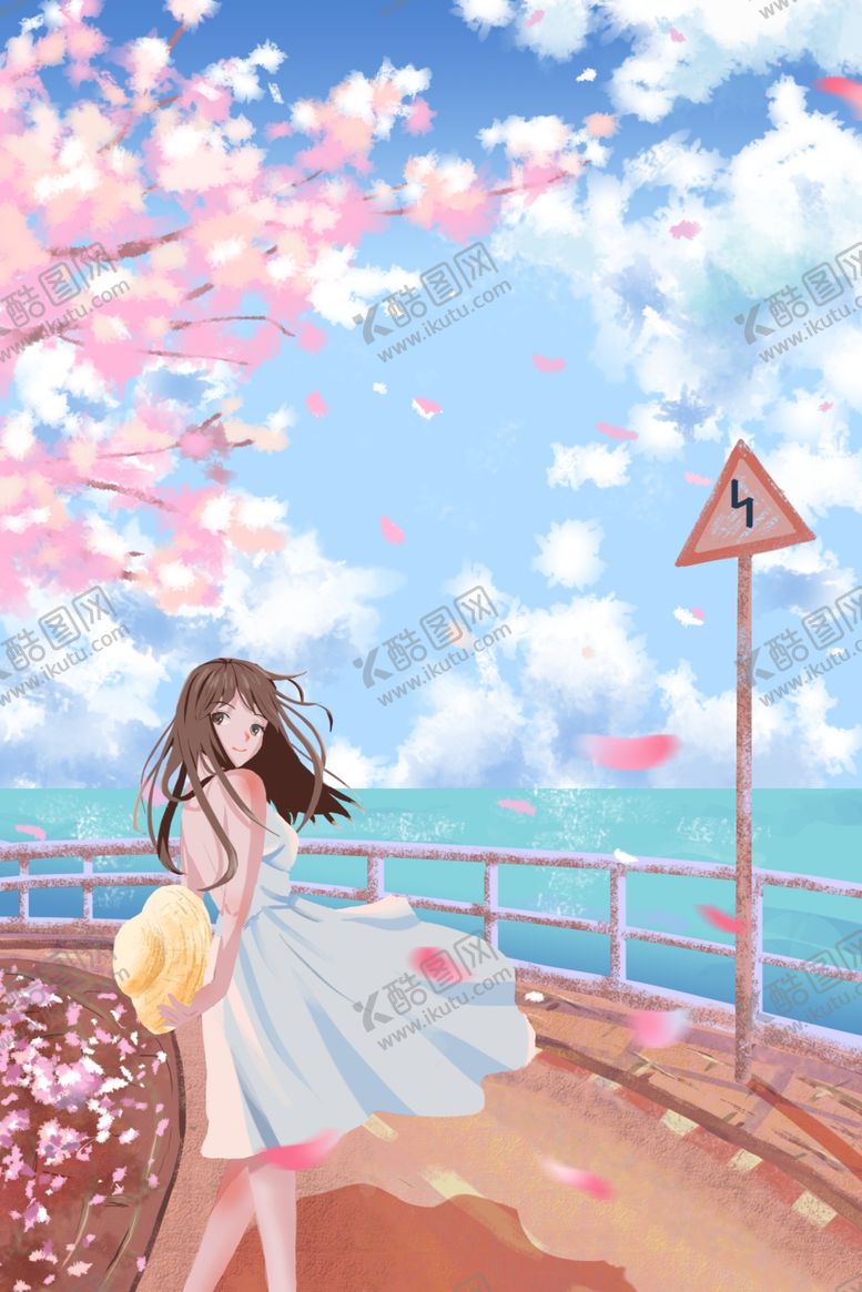 编号：77501605040656003497【酷图网】源文件下载-樱花少女海边清新插画背景