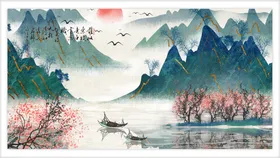水墨山水背景意境清明时节国画夏天