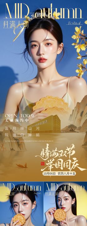 医美中秋节早安日签海报