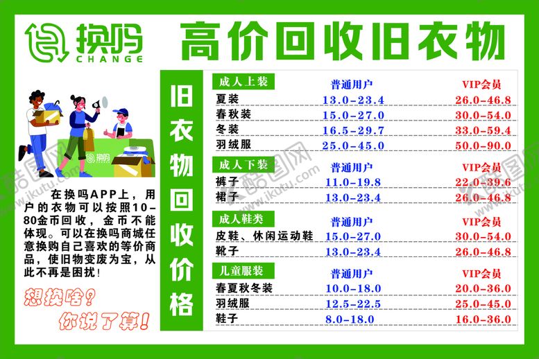编号：18635211041705339088【酷图网】源文件下载-换吗旧衣服价格回收表