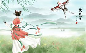 女性少女风筝古风复古背景素材