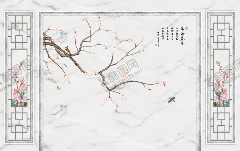 编号：77919010240246346693【酷图网】源文件下载-鸟语花香大理石背景墙