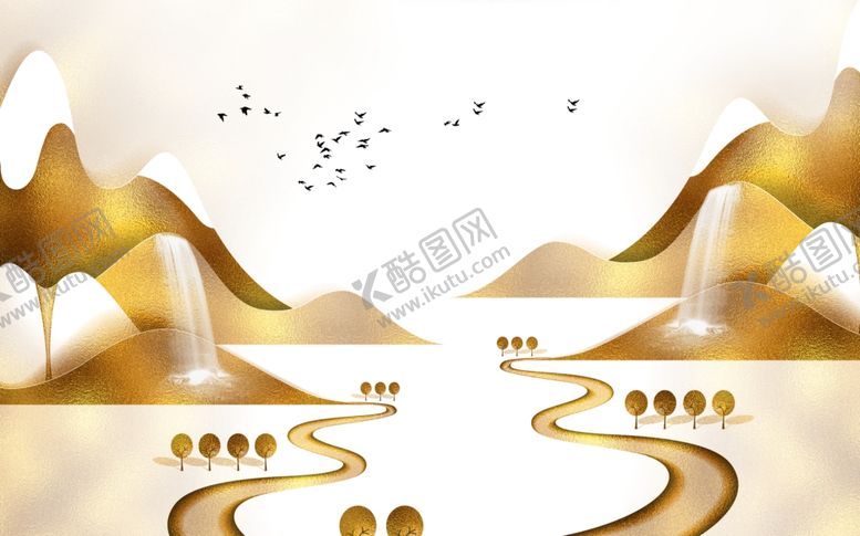编号：60903107140418342444【酷图网】源文件下载-山水金色传统复古墙贴壁画素材