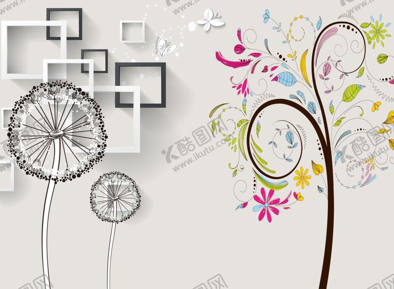 编号：89138610042016121780【酷图网】源文件下载-立体方框蒲公英背景墙