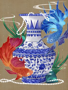 青花瓷瓶旁的灵动金鱼