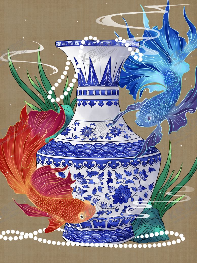 编号：74073504171631245233【酷图网】源文件下载-青花瓷瓶旁的灵动金鱼