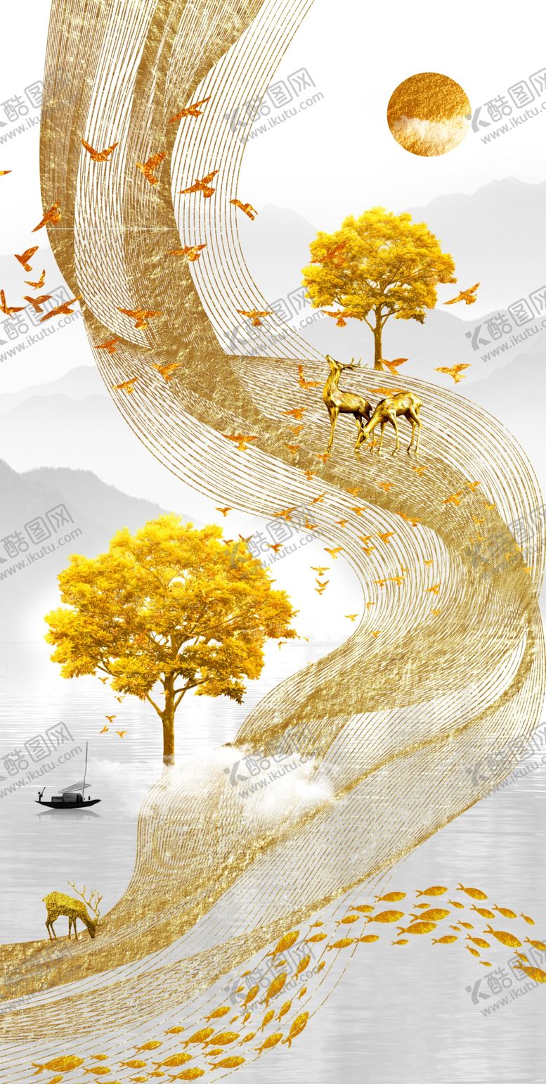 编号：50844109221405292674【酷图网】源文件下载-山水画树鹿小船装饰画