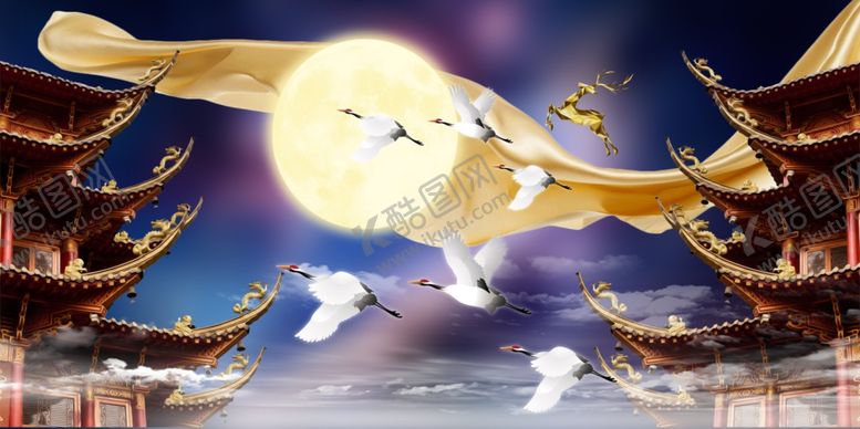 编号：69801010080445332772【酷图网】源文件下载-抽象云雾麋鹿金鱼三联画素材