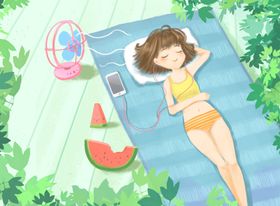 台阶夏季小猫清新插画卡通素材