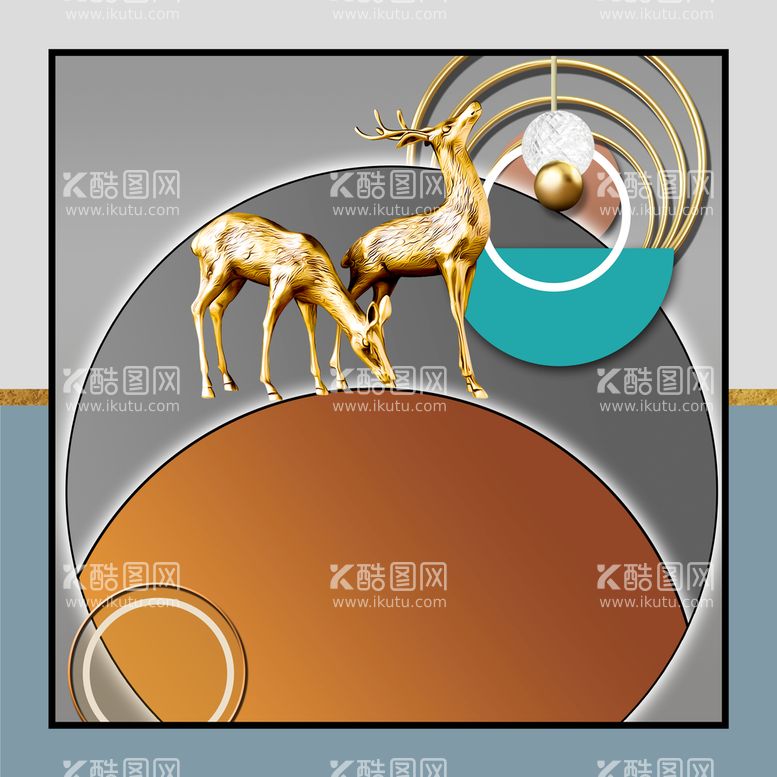 编号：53417609141500012510【酷图网】源文件下载-金色立体空间麋鹿装饰画