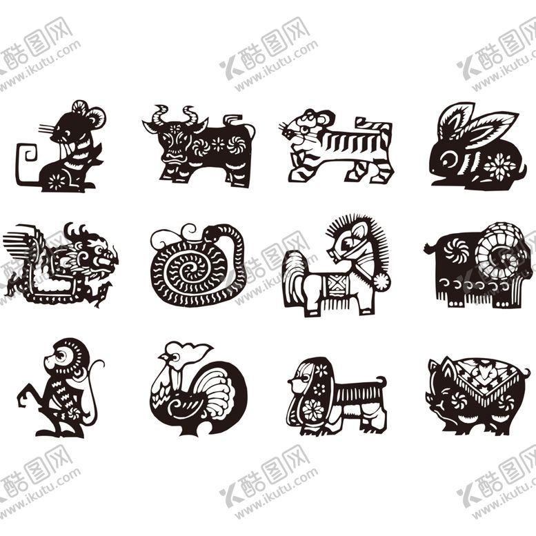 编号：25868106251528317702【酷图网】源文件下载-十二生肖剪影图标图形标志素材
