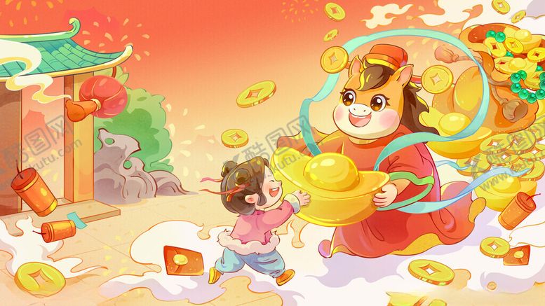编号：87565911150017052993【酷图网】源文件下载-马年财神创意形象插画
