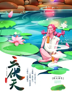 手绘清新三伏天宣传海报