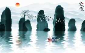 新中式水墨山水背景墙