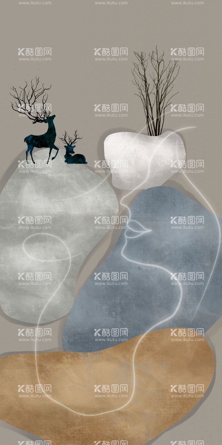 编号：78062509170329124379【酷图网】源文件下载-麋鹿线条色块装饰画