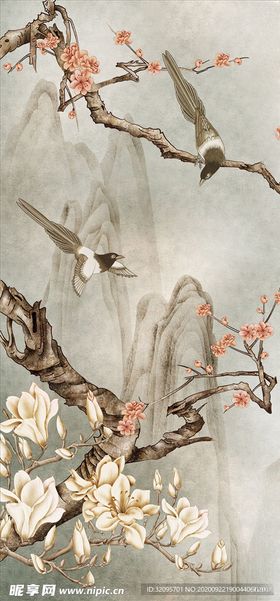 花鸟画玉兰梅花玄关图