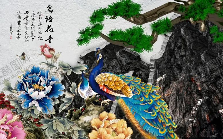 编号：55391603200805591275【酷图网】源文件下载-迎客松孔雀背景