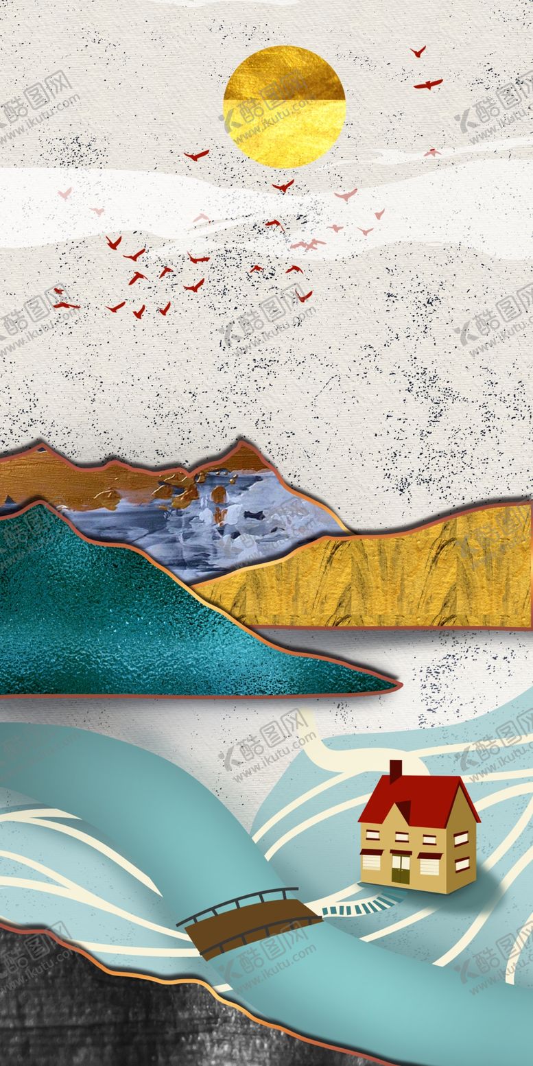 编号：81458410191808288639【酷图网】源文件下载-新中式金山水叠峰意境装饰画