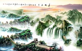 水墨山水画禅意客厅装饰花鸟工笔背景墙