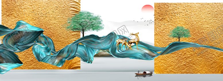 编号：39282307081656534782【酷图网】源文件下载-新中式飘带丝绸水墨山水装饰画