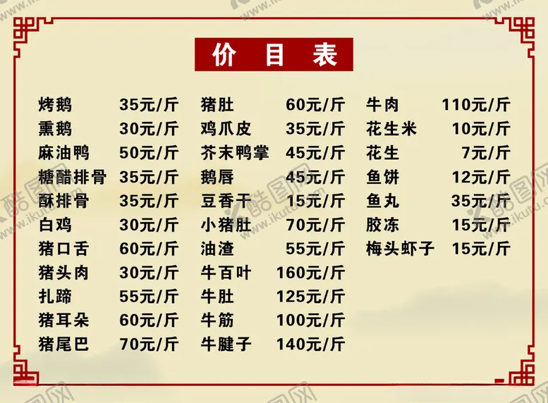 编号：96801701281302011293【酷图网】源文件下载-熟食店价目表