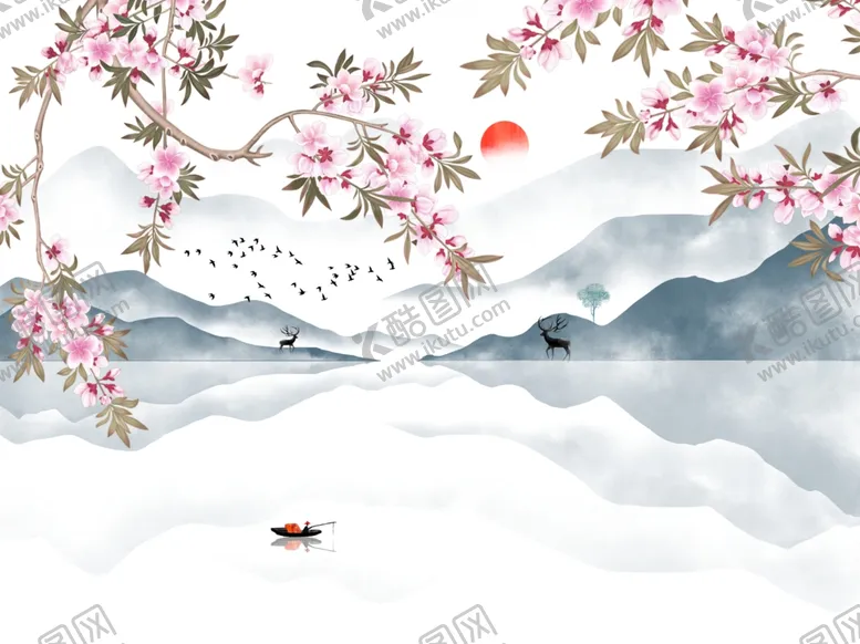 编号：91756004222341016558【酷图网】源文件下载-新中式水墨山水背景墙