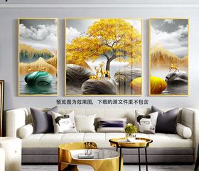 山水湖畔发财树三联挂画装饰画