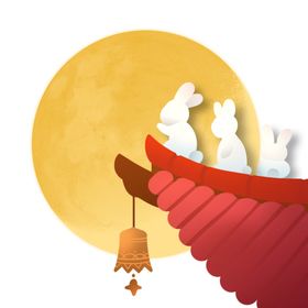 中秋月圆兔子屋檐插画卡通素材