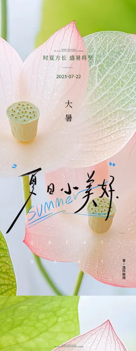 地产大暑处暑中式荷花插画海报