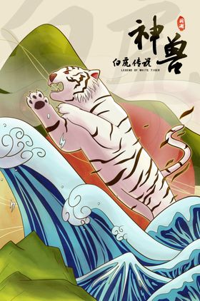神兽白虎传统国风插画背景