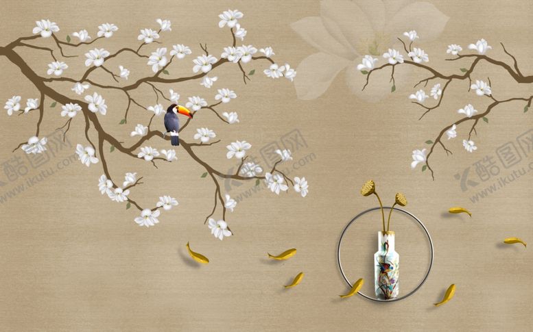 编号：87338310180112223888【酷图网】源文件下载-花鸟画手绘花鸟背景墙